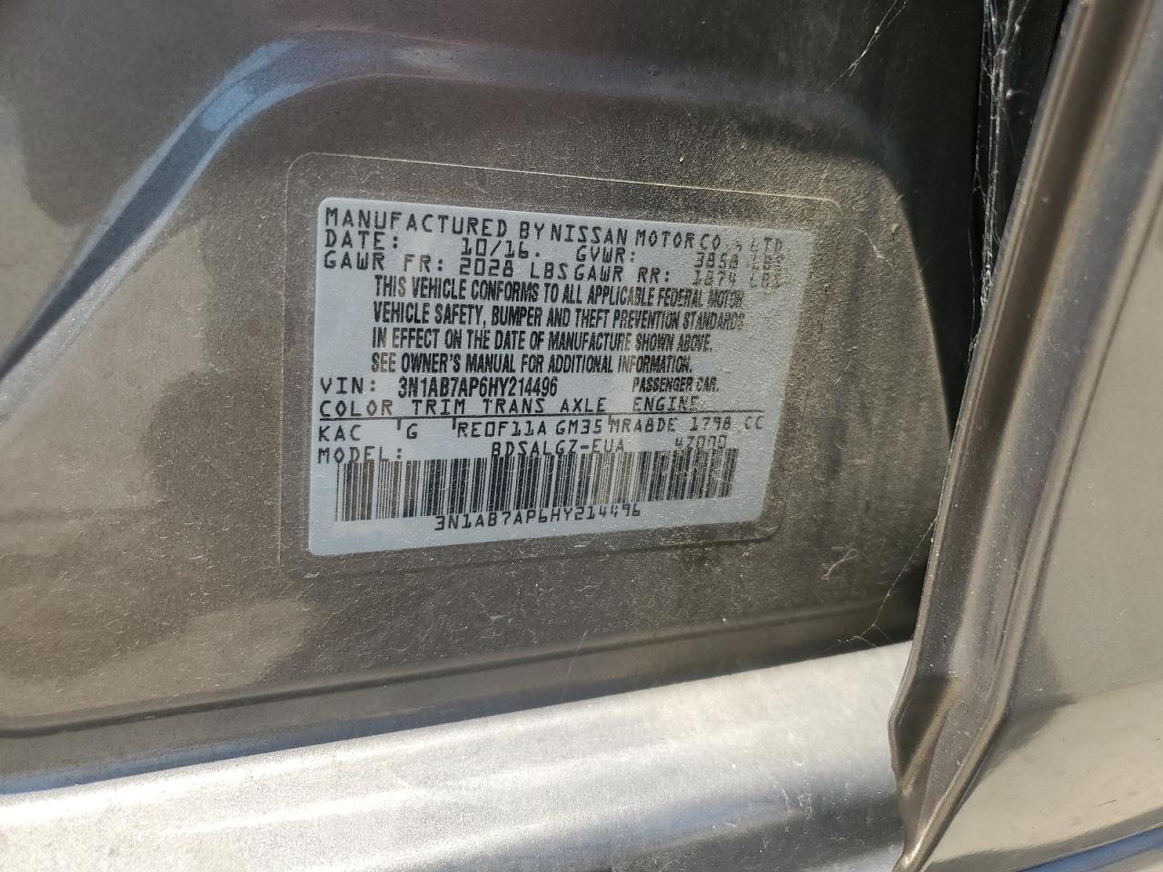 2017 Nissan Sentra S VIN: 3N1AB7AP6HY214496 Lot: 67716975