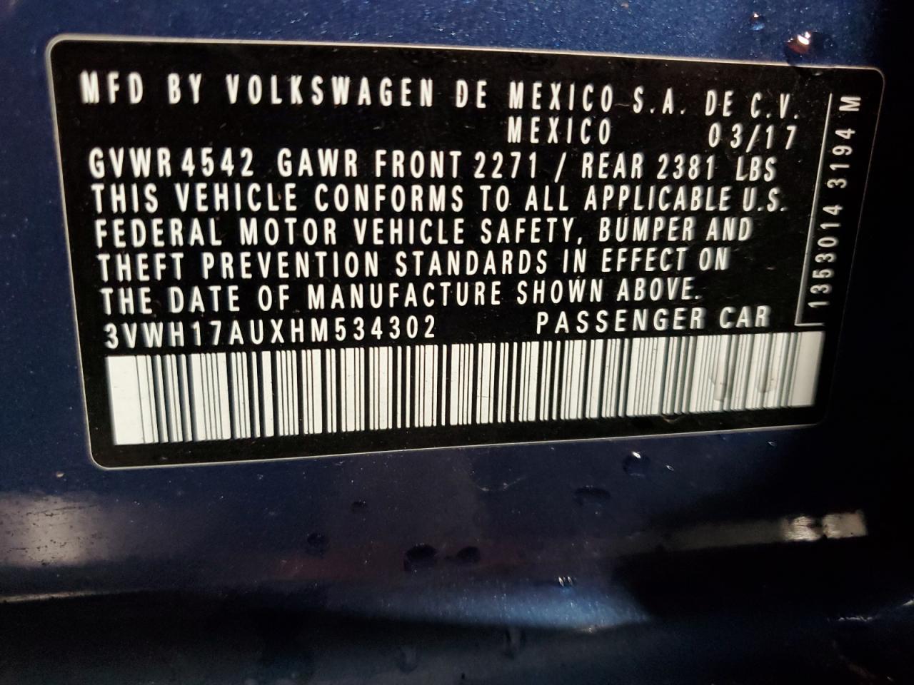 2017 Volkswagen Golf Alltrack S VIN: 3VWH17AUXHM534302 Lot: 68460295