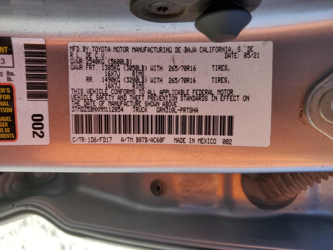 2021 Toyota Tacoma Double Cab VIN: 3TMDZ5BNXMM112854 Lot: 68528535