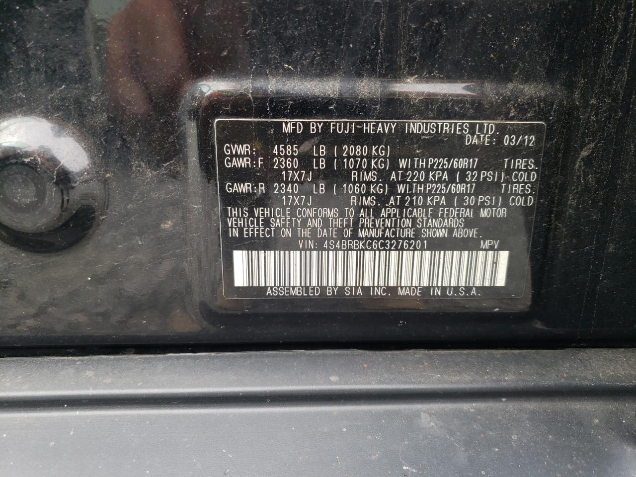 2012 Subaru Outback 2.5I Limited VIN: 4S4BRBKC6C3276201 Lot: 69299515