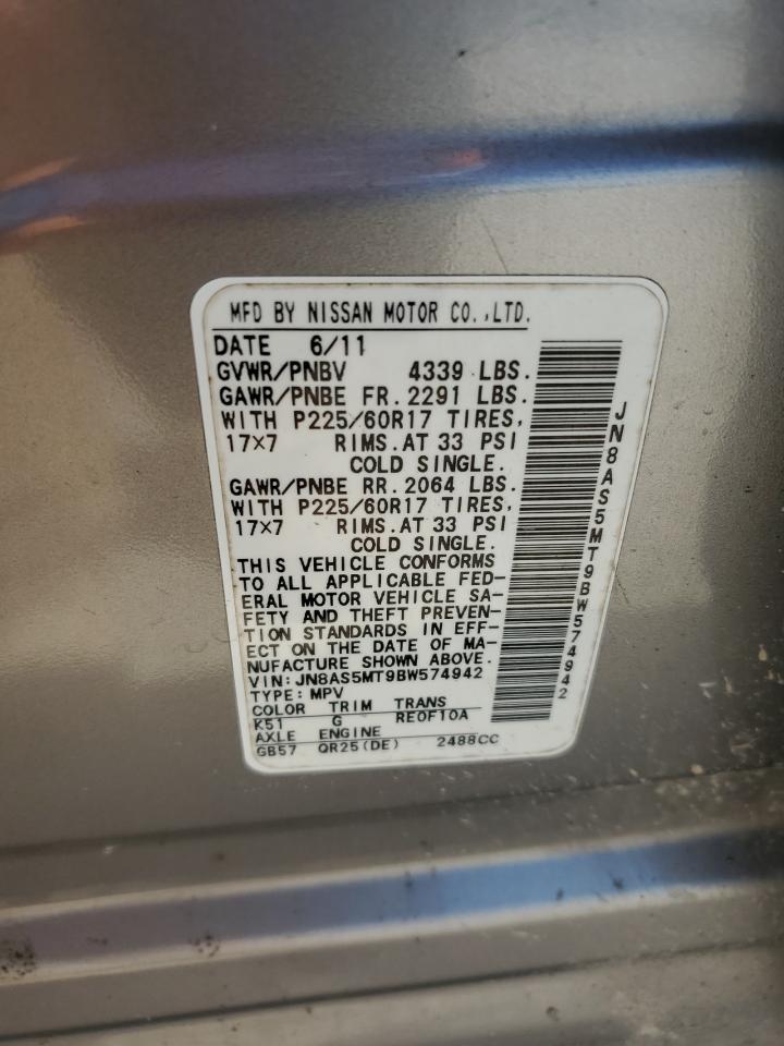 2011 Nissan Rogue S VIN: JN8AS5MT9BW574942 Lot: 70463095