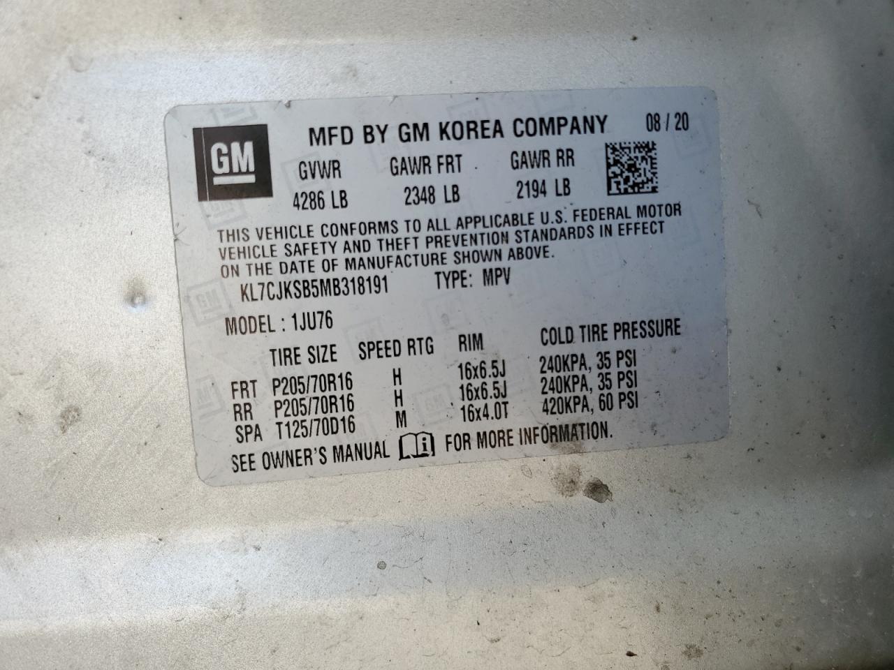 2021 Chevrolet Trax Ls VIN: KL7CJKSB5MB318191 Lot: 70303135