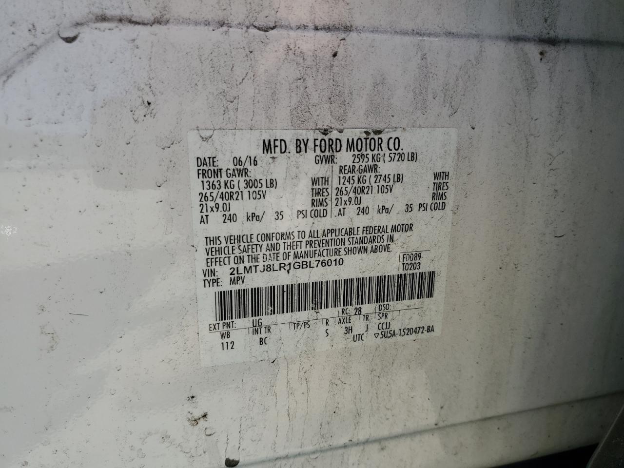 2016 Lincoln Mkx Reserve VIN: 2LMTJ8LR1GBL76010 Lot: 67287315