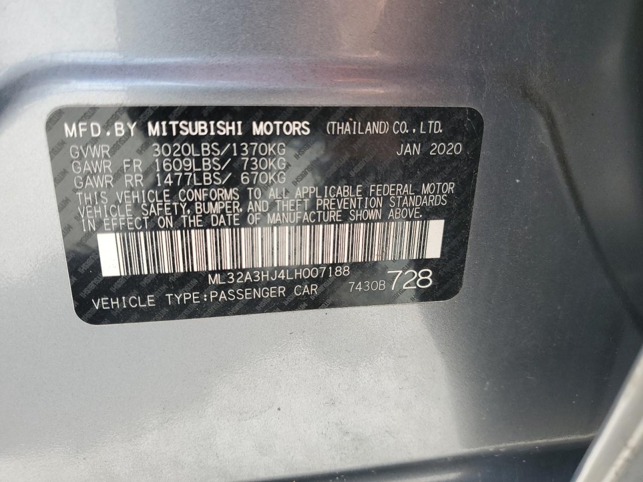 2020 Mitsubishi Mirage Es VIN: ML32A3HJ4LH007188 Lot: 69306715