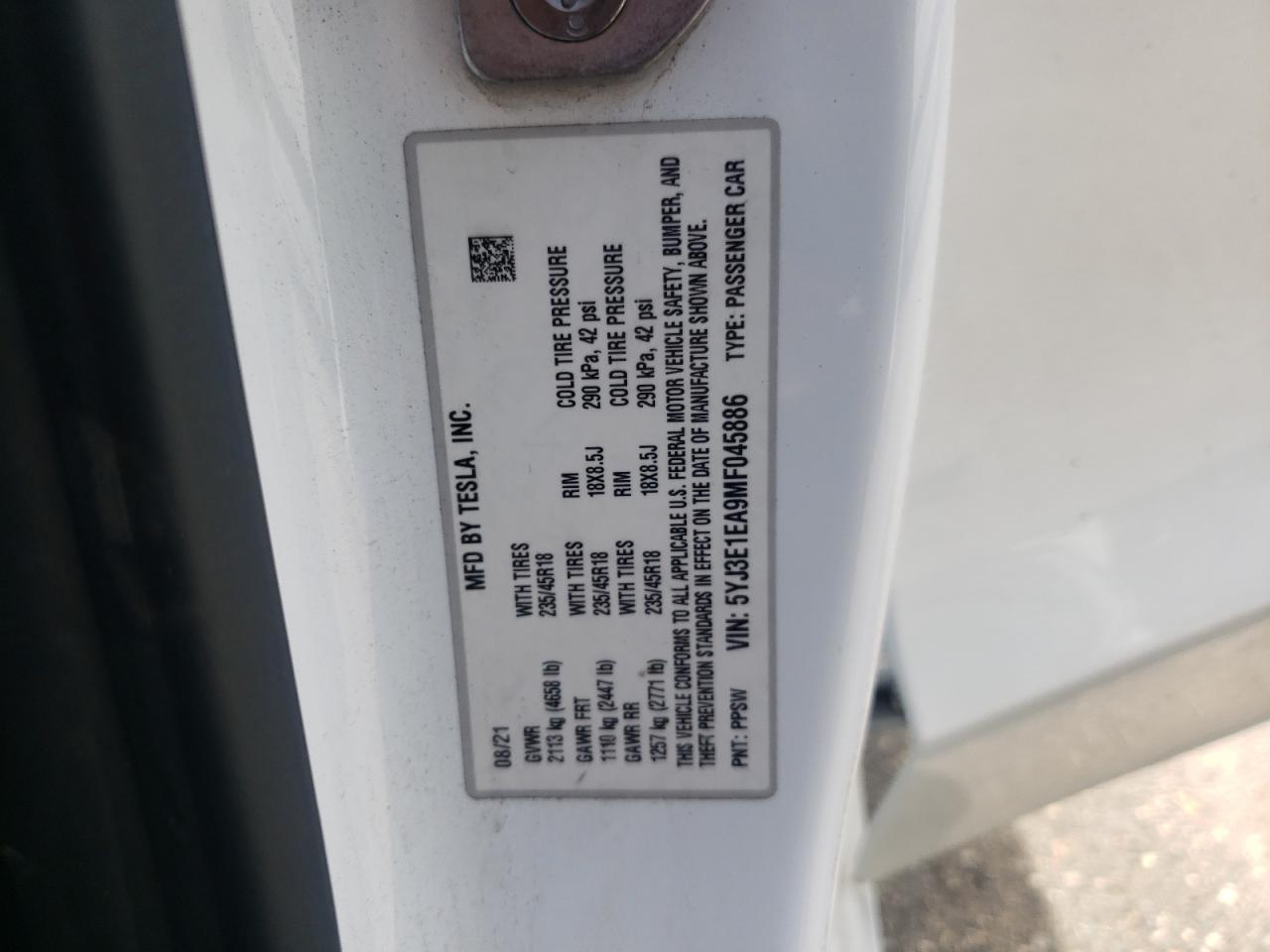 2021 Tesla Model 3 VIN: 5YJ3E1EA9MF045886 Lot: 68287075