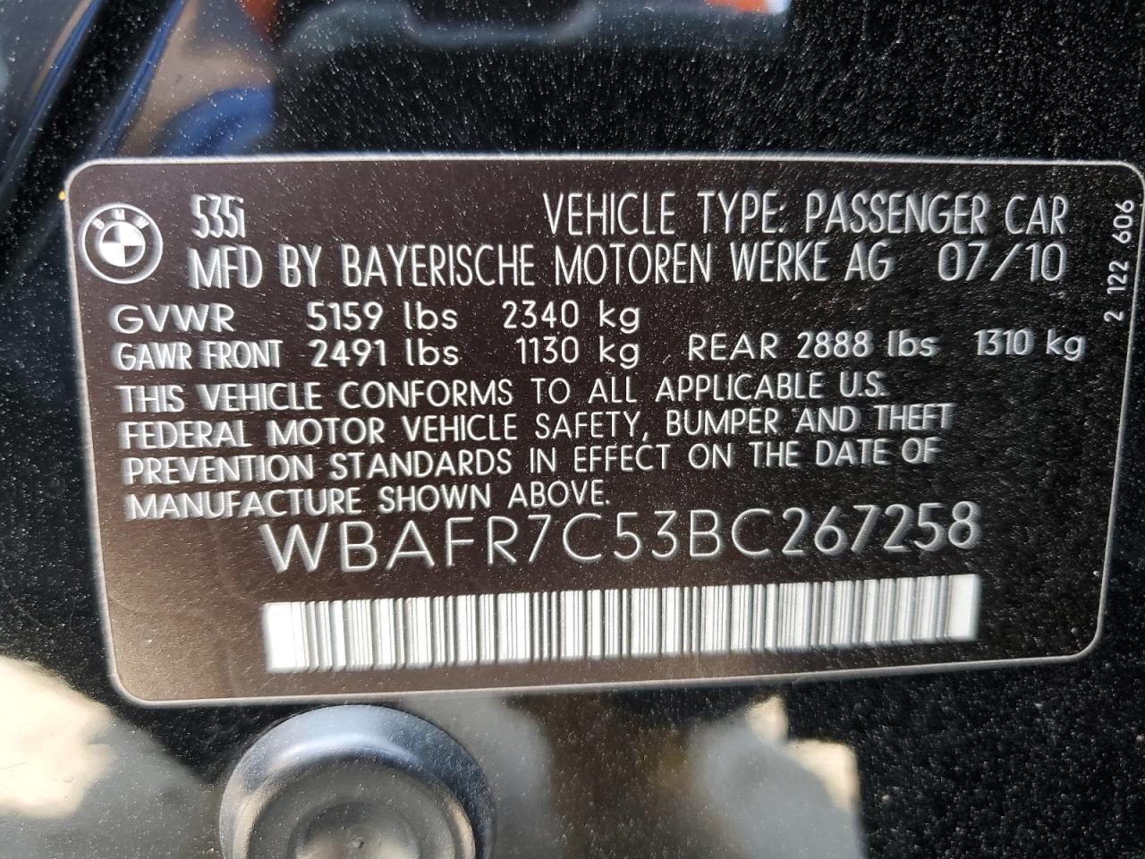 2011 BMW 535 I VIN: WBAFR7C53BC267258 Lot: 67116855