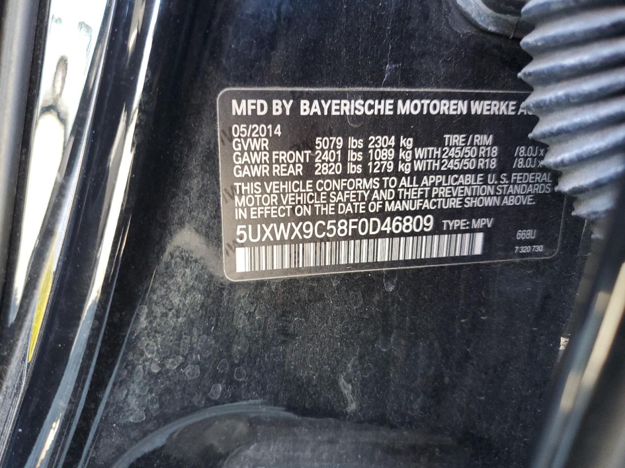 2015 BMW X3 xDrive28I VIN: 5UXWX9C58F0D46809 Lot: 69884245