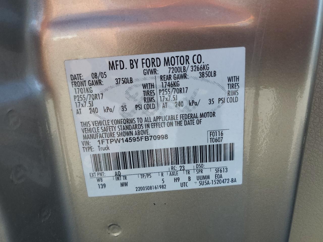 2005 Ford F150 Supercrew VIN: 1FTPW14595FB70998 Lot: 70019615