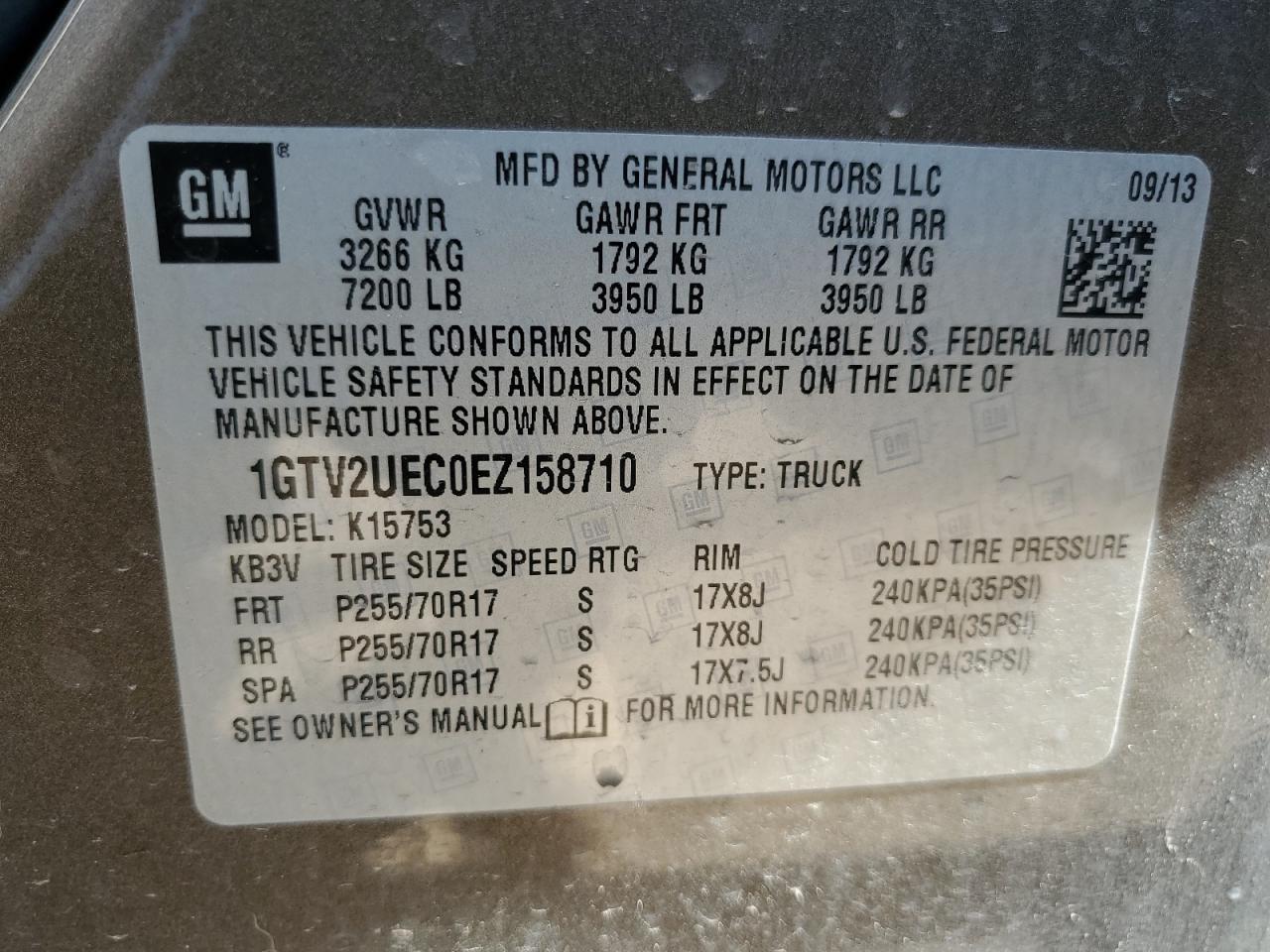 2014 GMC Sierra K1500 Sle VIN: 1GTV2UEC0EZ158710 Lot: 69794395