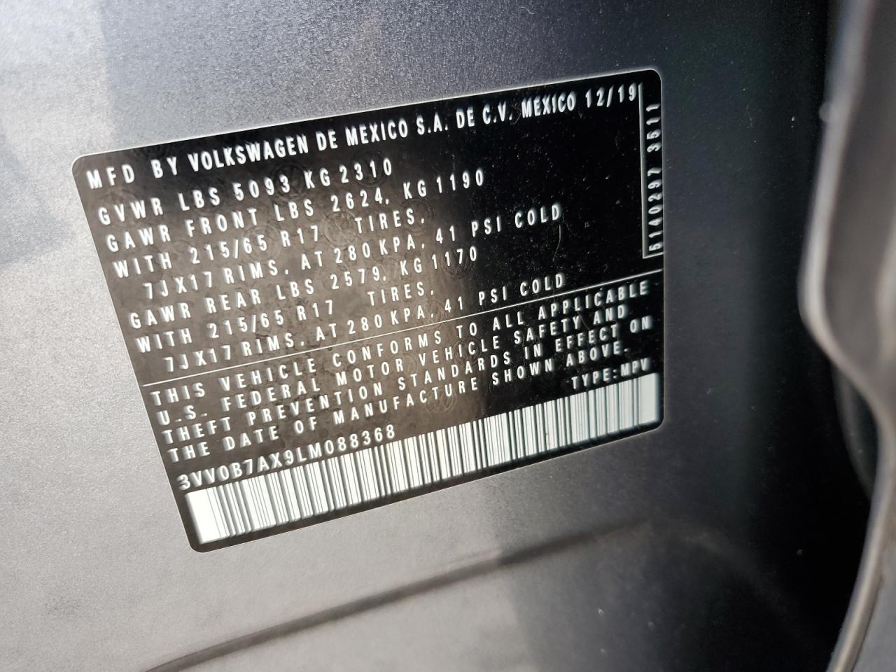 2020 Volkswagen Tiguan S VIN: 3VV0B7AX9LM088368 Lot: 70781905