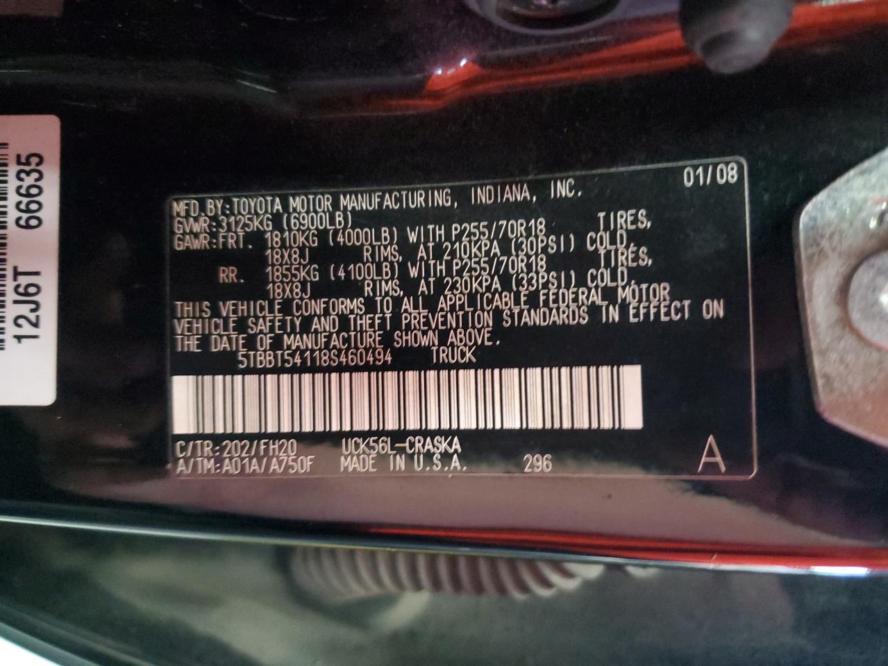 2008 Toyota Tundra Double Cab VIN: 5TBBT54118S460494 Lot: 69350375