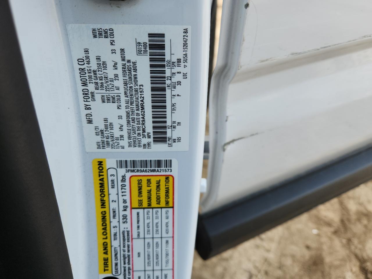 2021 Ford Bronco Sport VIN: 3FMCR9A62MRA21573 Lot: 69573435