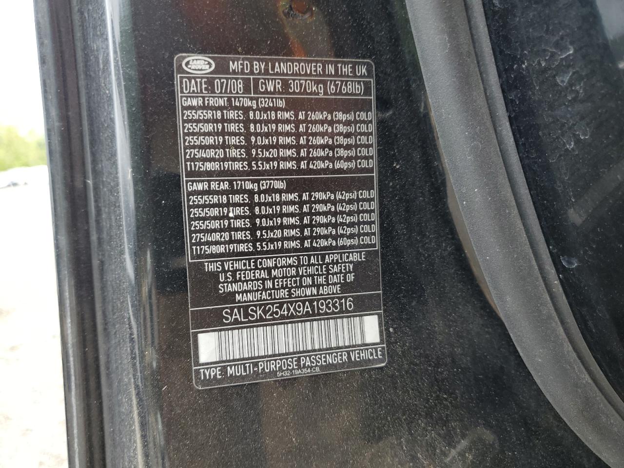 2009 Land Rover Range Rover Sport Hse VIN: SALSK254X9A193316 Lot: 69214915