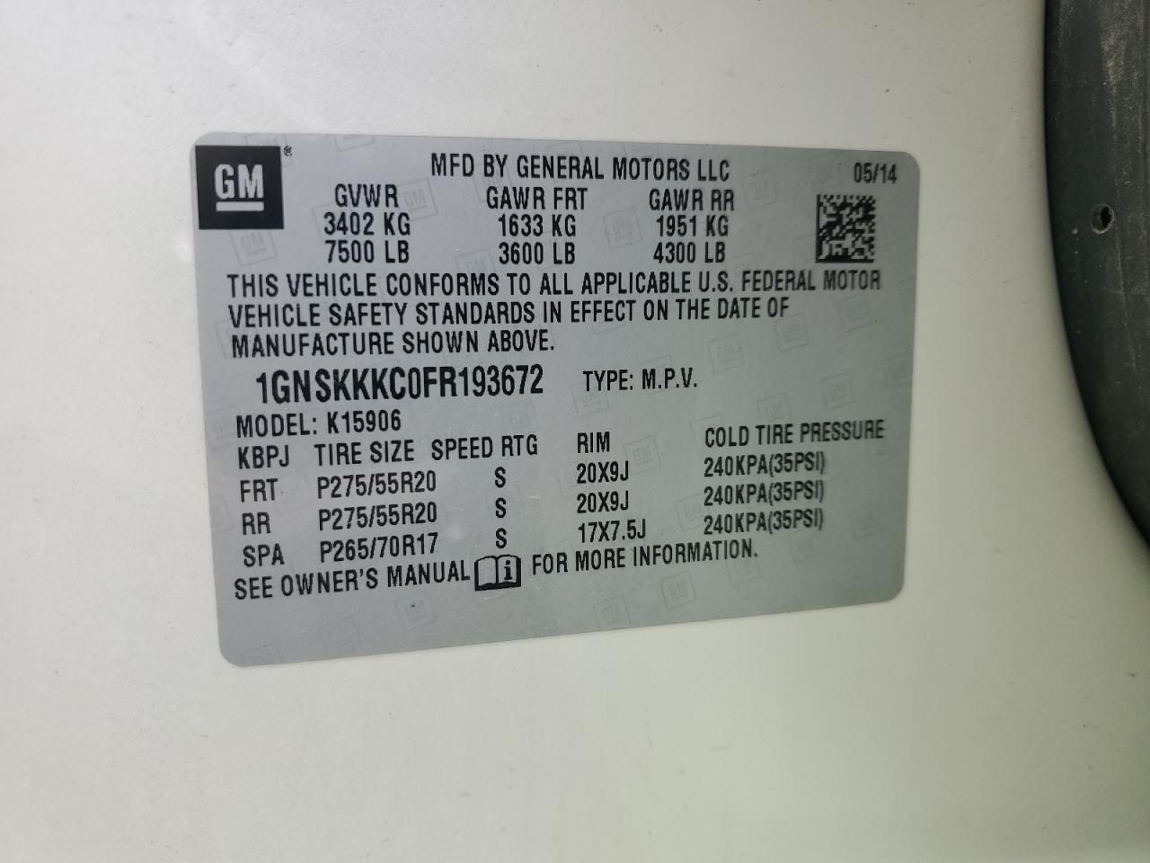 2015 Chevrolet Suburban K1500 Ltz VIN: 1GNSKKKC0FR193672 Lot: 70141795