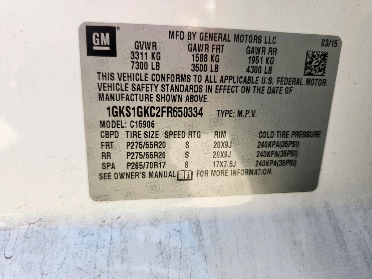 2015 GMC Yukon Xl C1500 Sle VIN: 1GKS1GKC2FR650334 Lot: 69079485