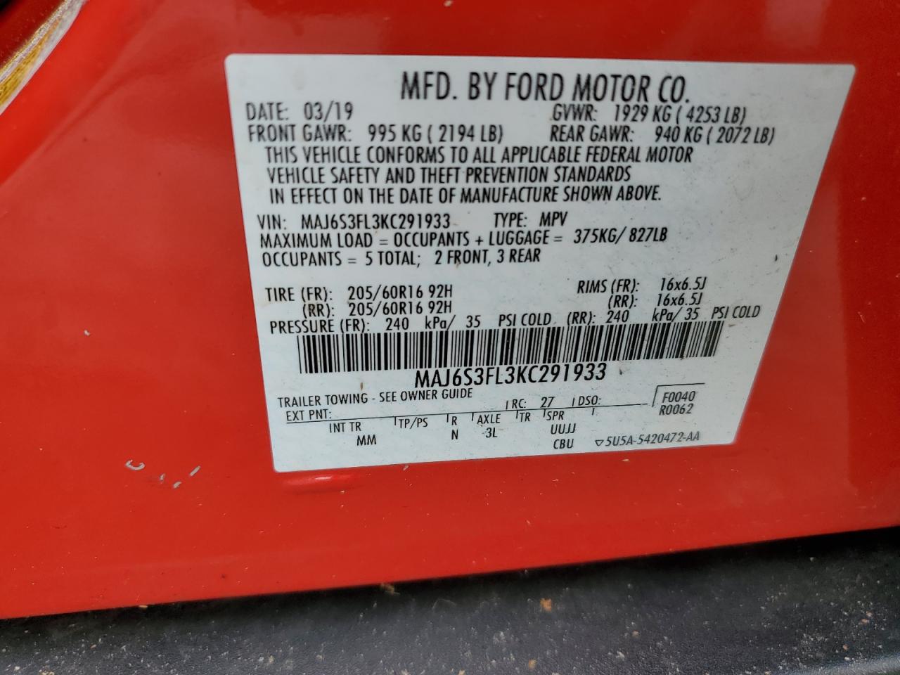 2019 Ford Ecosport S VIN: MAJ6S3FL3KC291933 Lot: 68183985