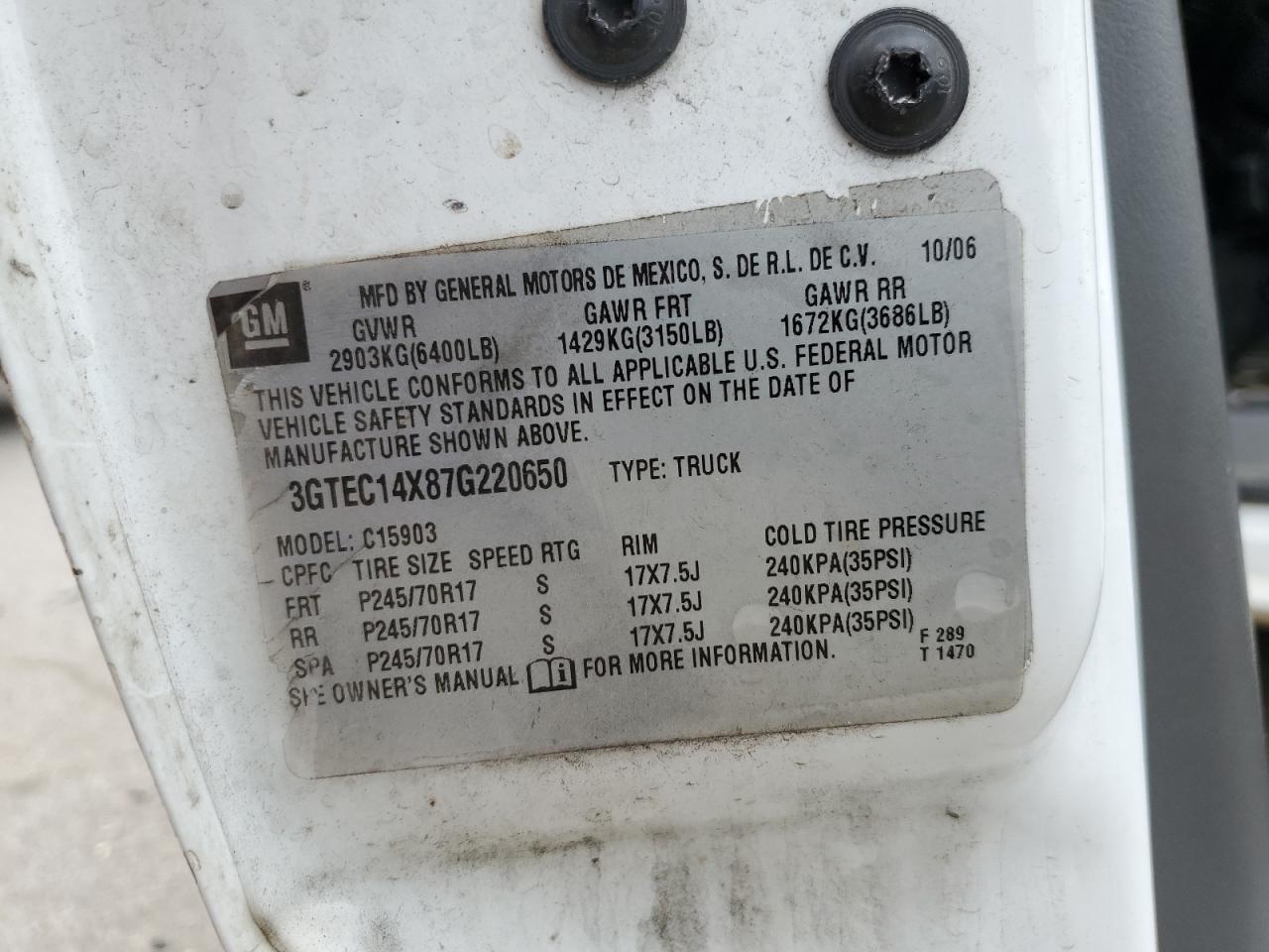 2007 GMC New Sierra C1500 Classic VIN: 3GTEC14X87G220650 Lot: 67677075