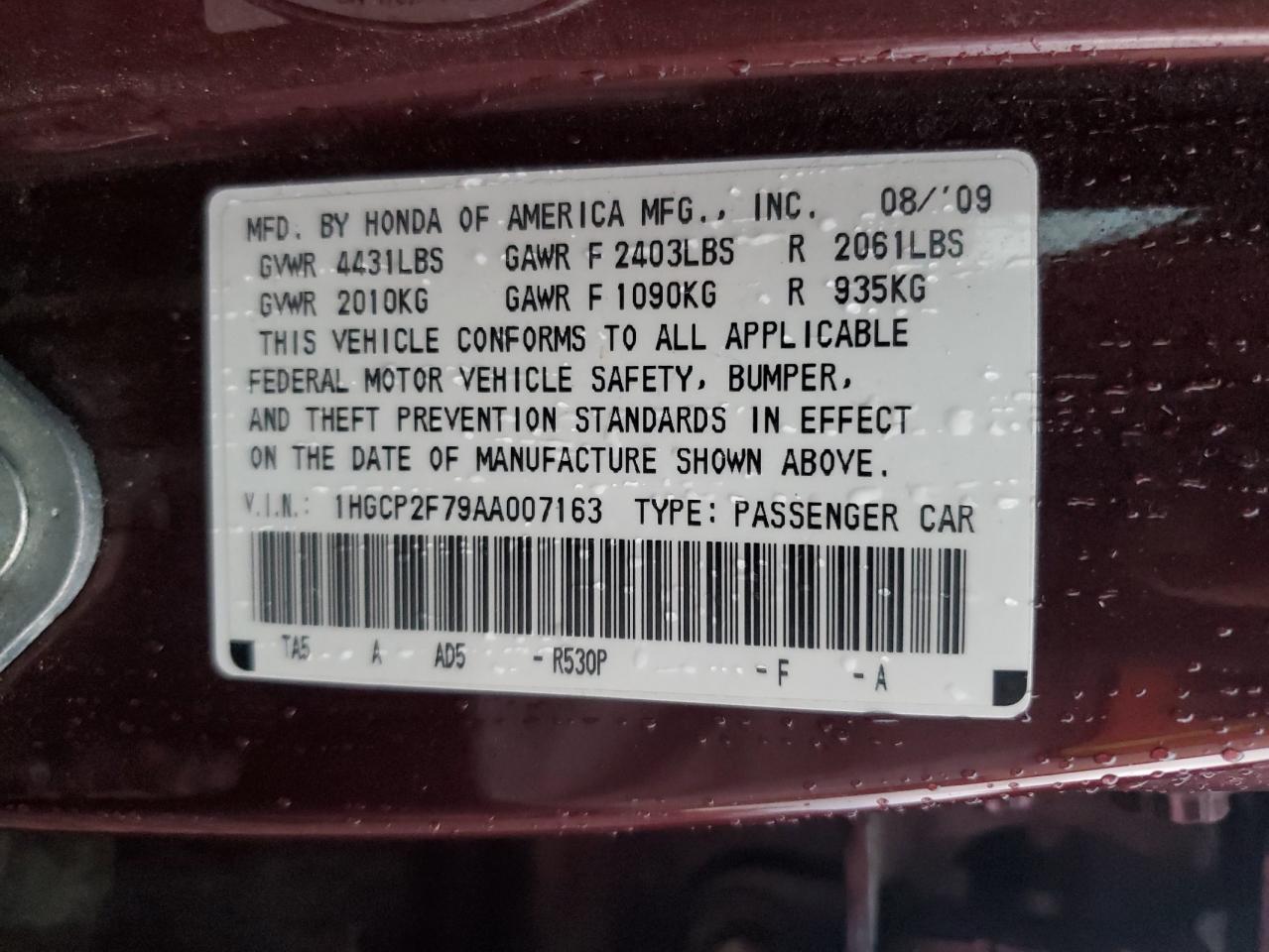 2010 Honda Accord Ex VIN: 1HGCP2F79AA007163 Lot: 70551175