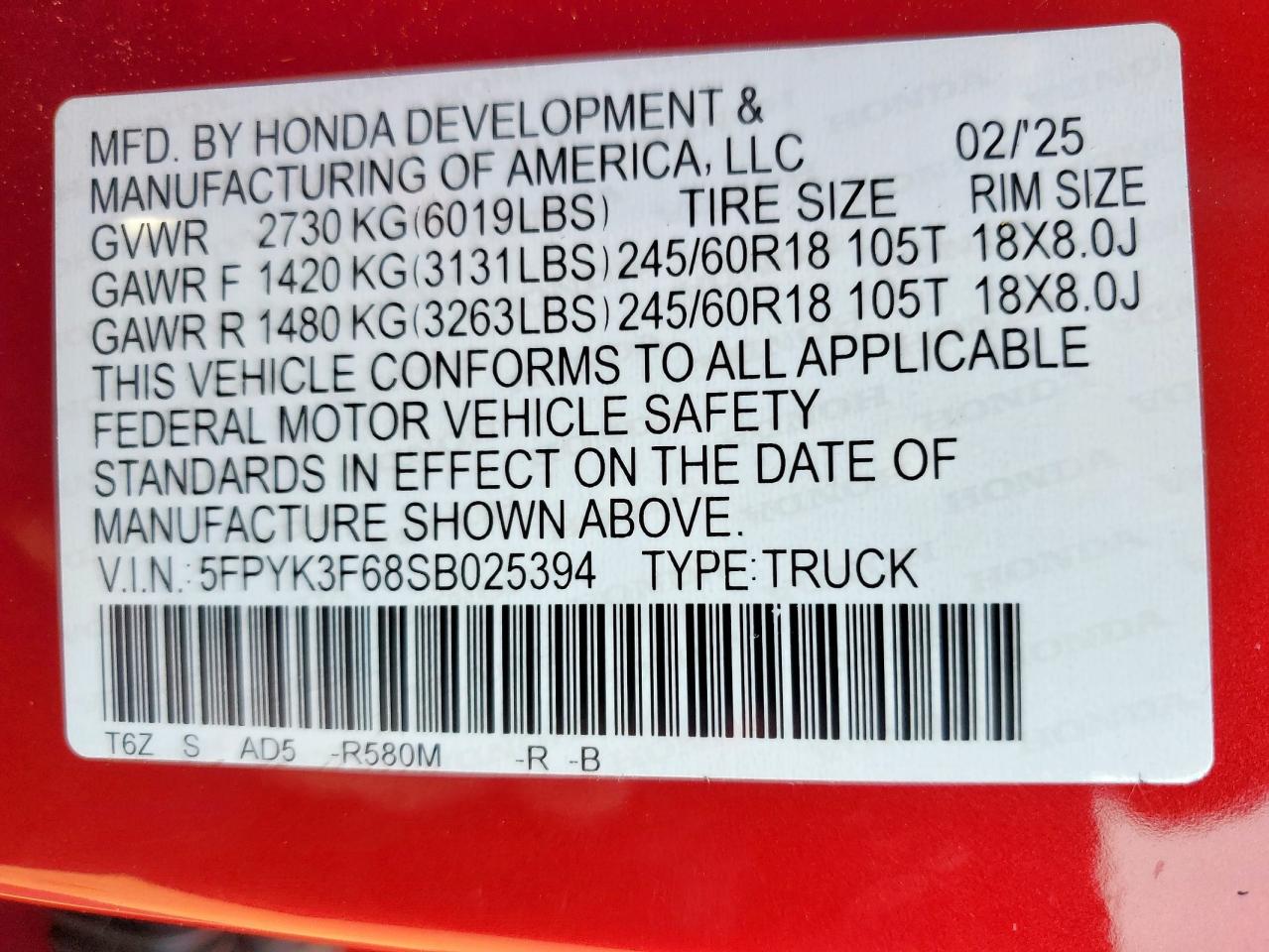 2025 Honda Ridgeline Trail Sport VIN: 5FPYK3F68SB025394 Lot: 69239205