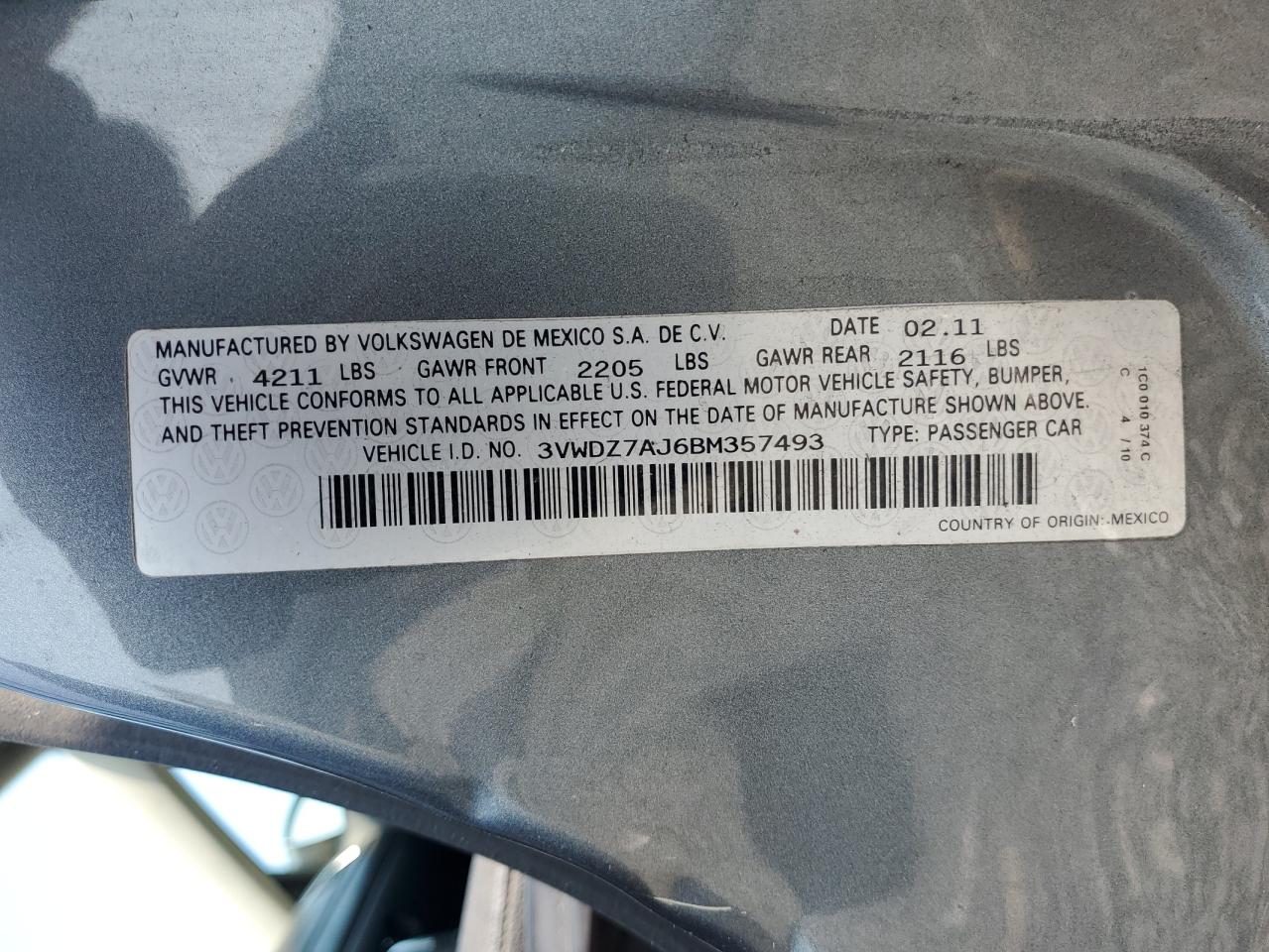 2011 Volkswagen Jetta Se VIN: 3VWDZ7AJ6BM357493 Lot: 66284525