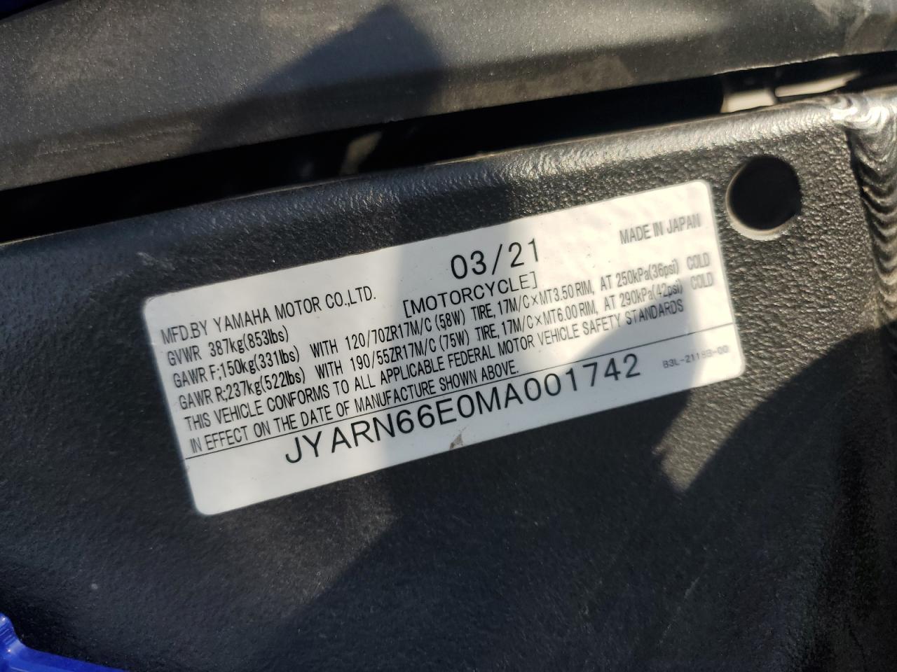 2021 Yamaha Yzfr1 VIN: JYARN66E0MA001742 Lot: 70377005