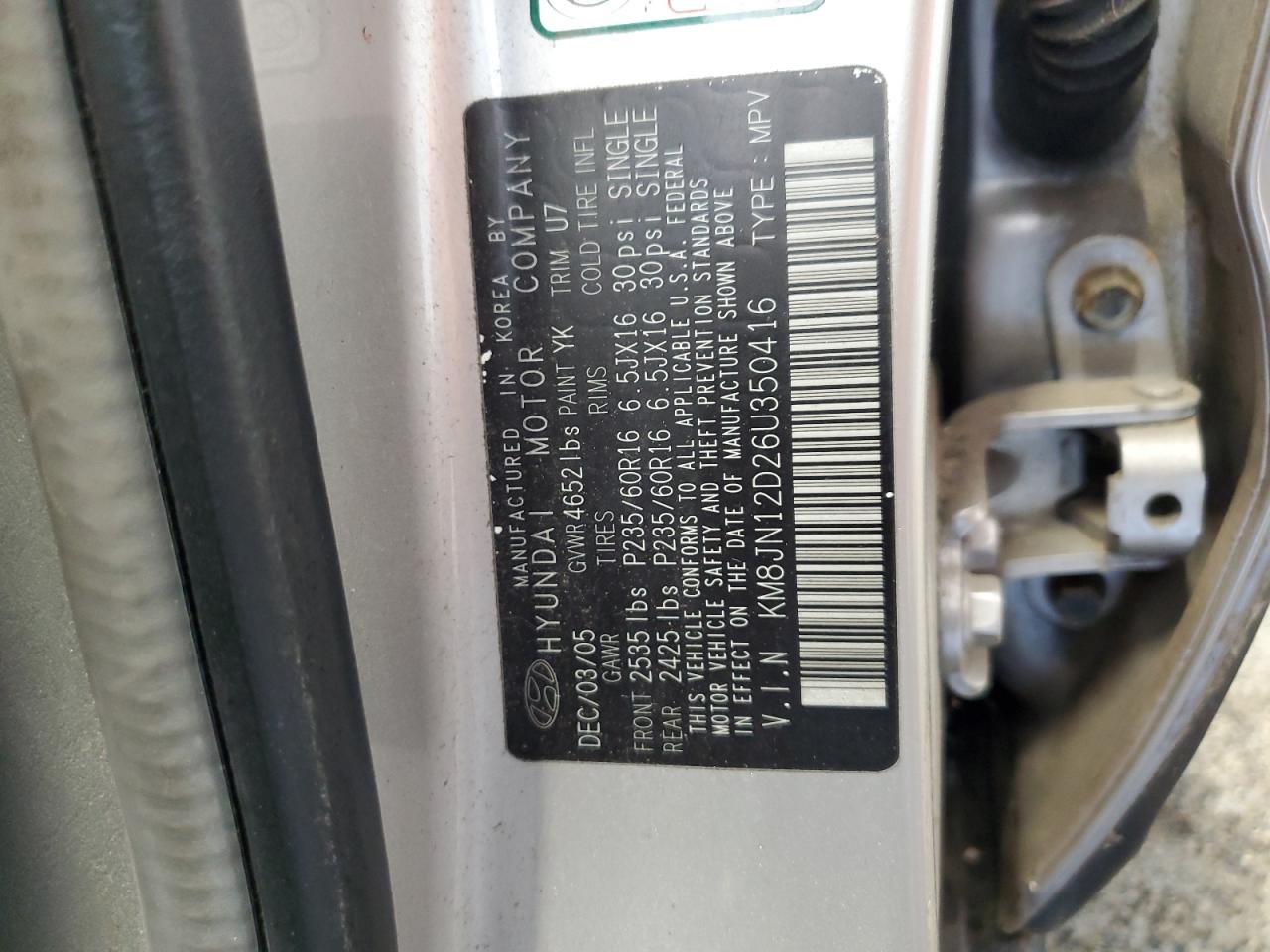 2006 Hyundai Tucson Gls VIN: KM8JN12D26U350416 Lot: 68853855