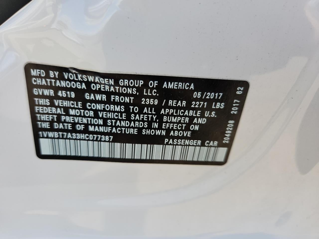 2017 Volkswagen Passat Se VIN: 1VWBT7A33HC077387 Lot: 69394815