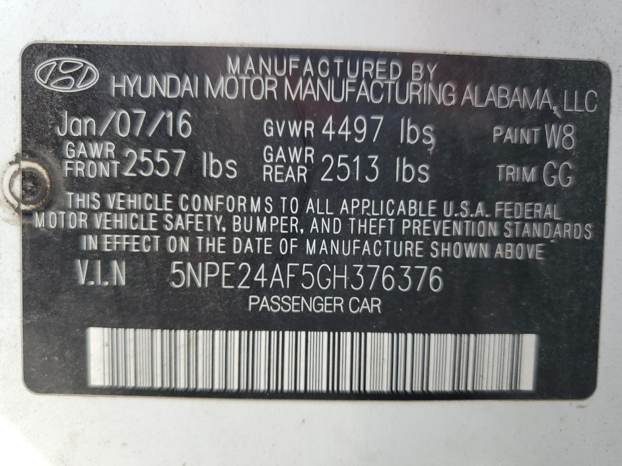 2016 Hyundai Sonata Se VIN: 5NPE24AF5GH376376 Lot: 69081445