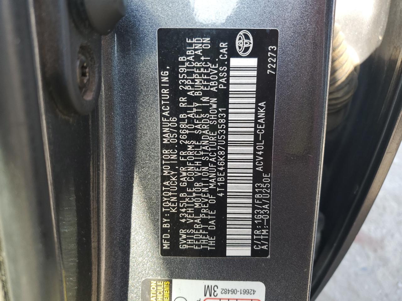 2007 Toyota Camry Ce VIN: 4T1BE46K87U535831 Lot: 68884655