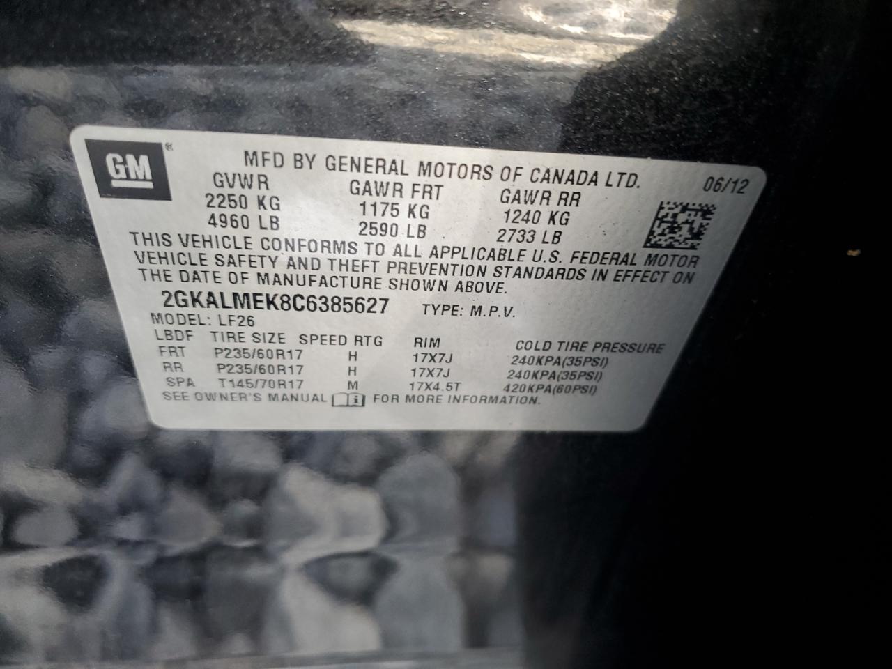 2012 GMC Terrain Sle VIN: 2GKALMEK8C6385627 Lot: 70322475