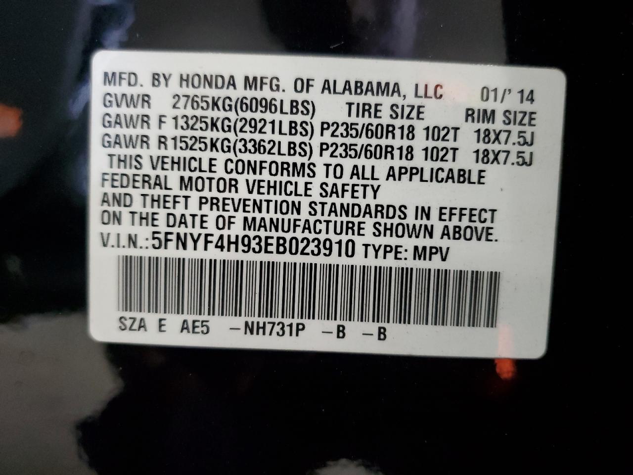2014 Honda Pilot Touring VIN: 5FNYF4H93EB023910 Lot: 70024435