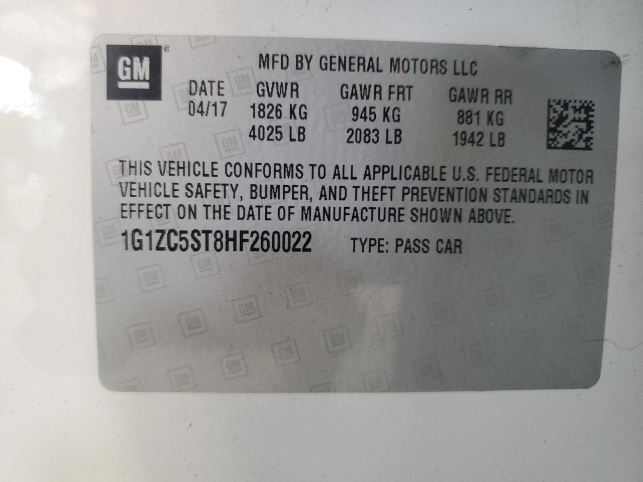 2017 Chevrolet Malibu Ls VIN: 1G1ZC5ST8HF260022 Lot: 70101365
