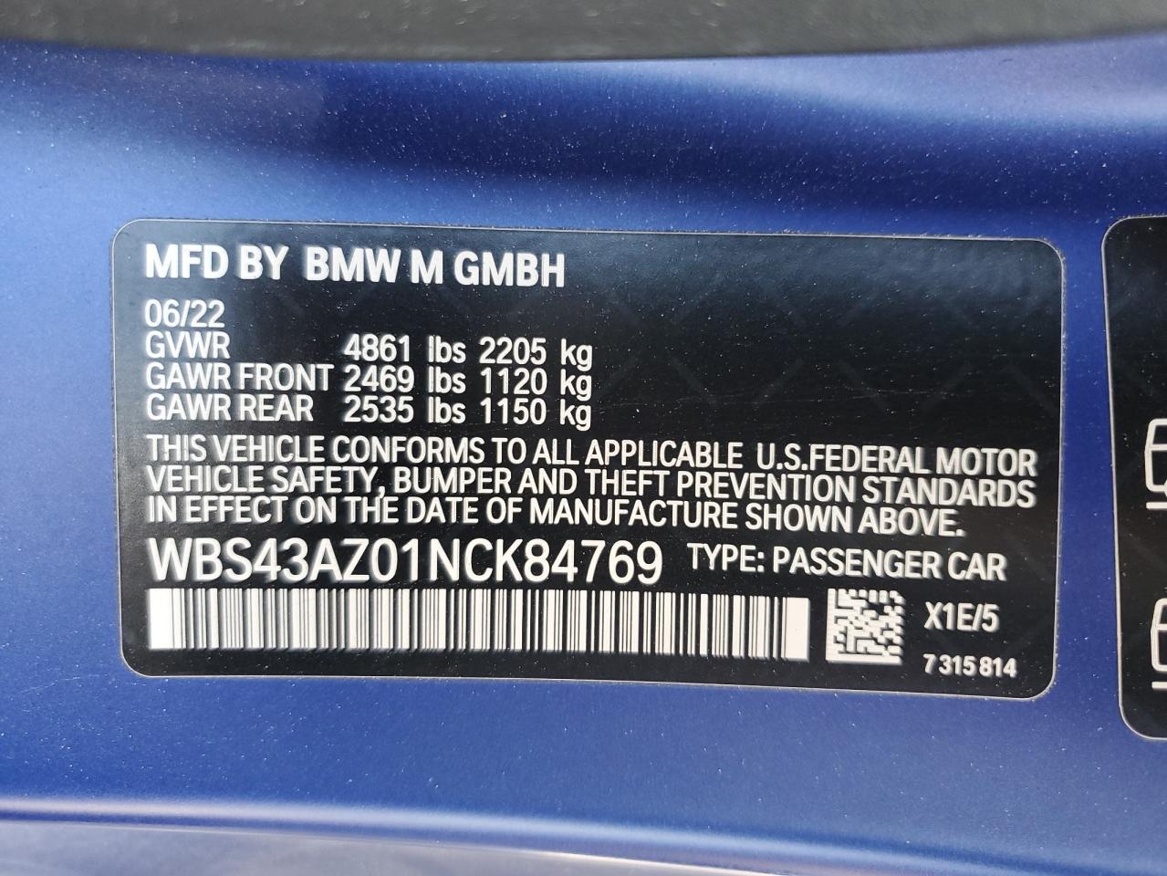 2022 BMW M4 Competition VIN: WBS43AZ01NCK84769 Lot: 66405955