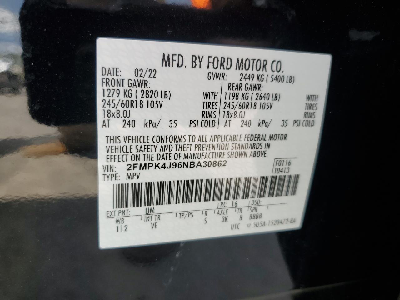 2022 Ford Edge Sel VIN: 2FMPK4J96NBA30862 Lot: 70903175