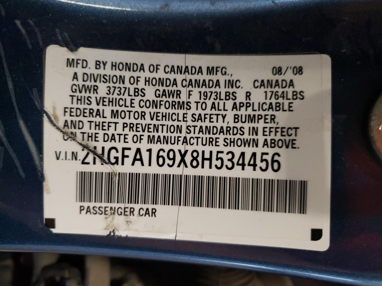2008 Honda Civic Exl VIN: 2HGFA169X8H534456 Lot: 70662235