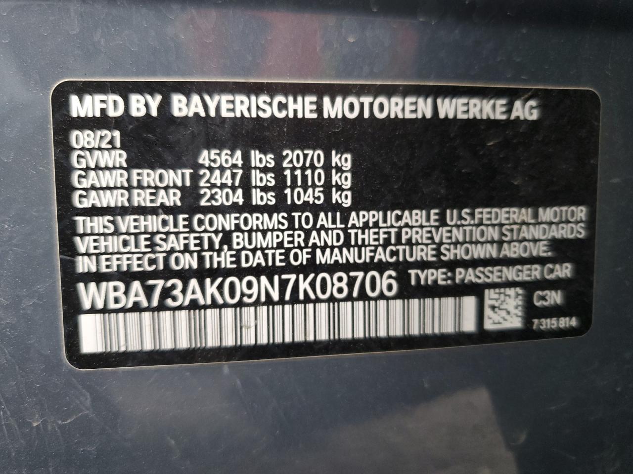 2022 BMW 228Xi VIN: WBA73AK09N7K08706 Lot: 70288325