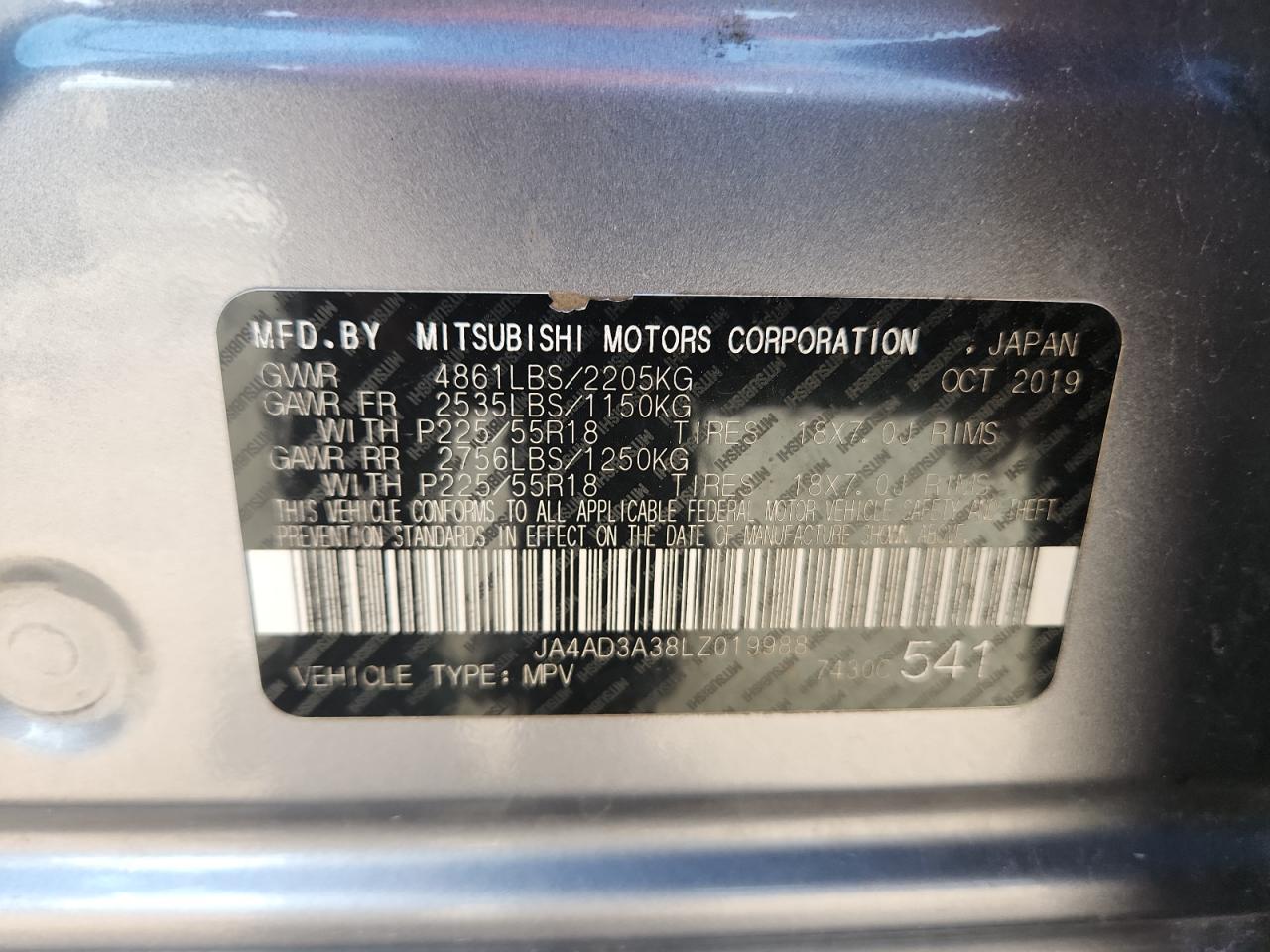 2020 Mitsubishi Outlander Se VIN: JA4AD3A38LZ019988 Lot: 65276235