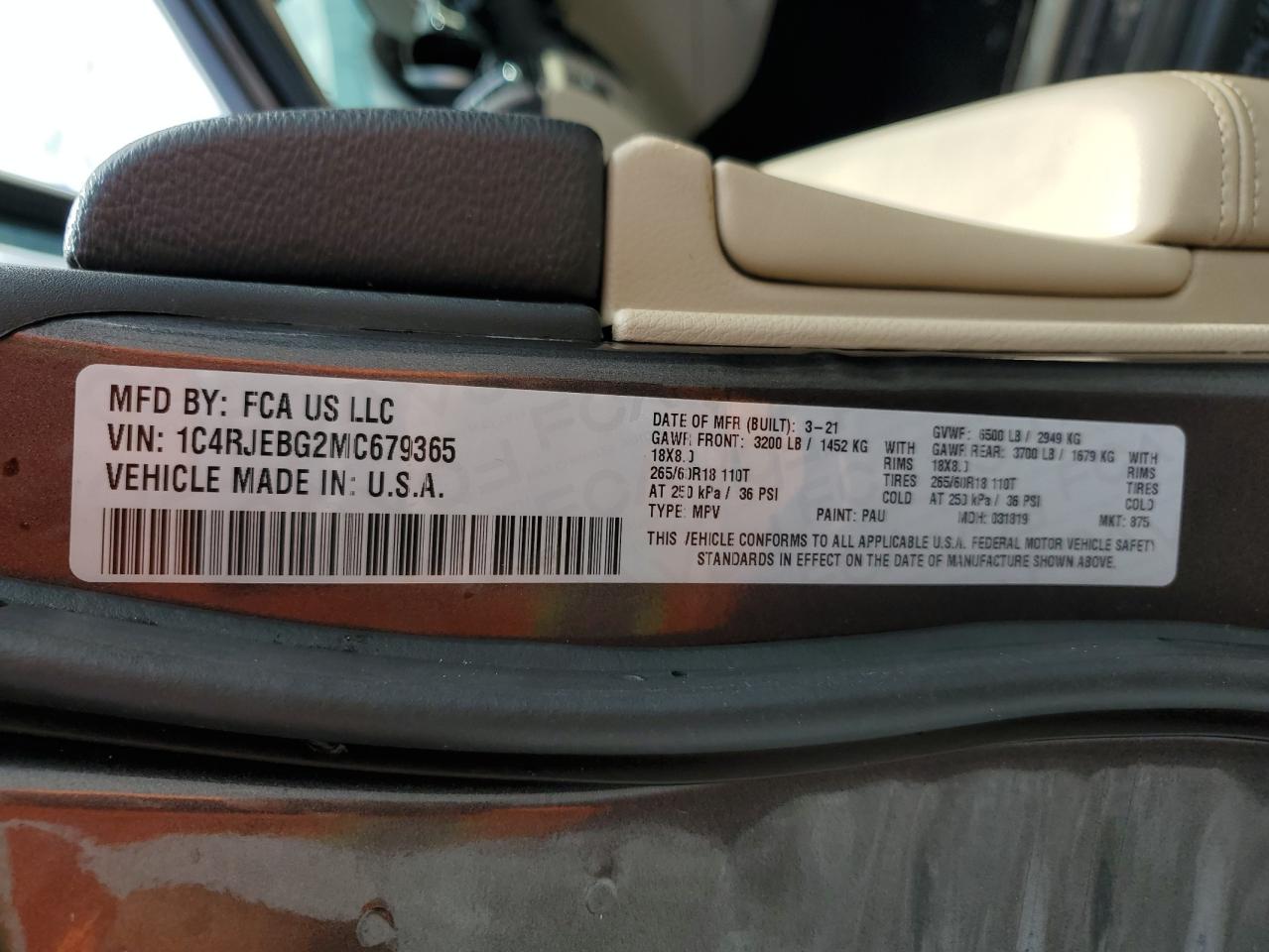 2021 Jeep Grand Cherokee Limited VIN: 1C4RJEBG2MC679365 Lot: 69281735