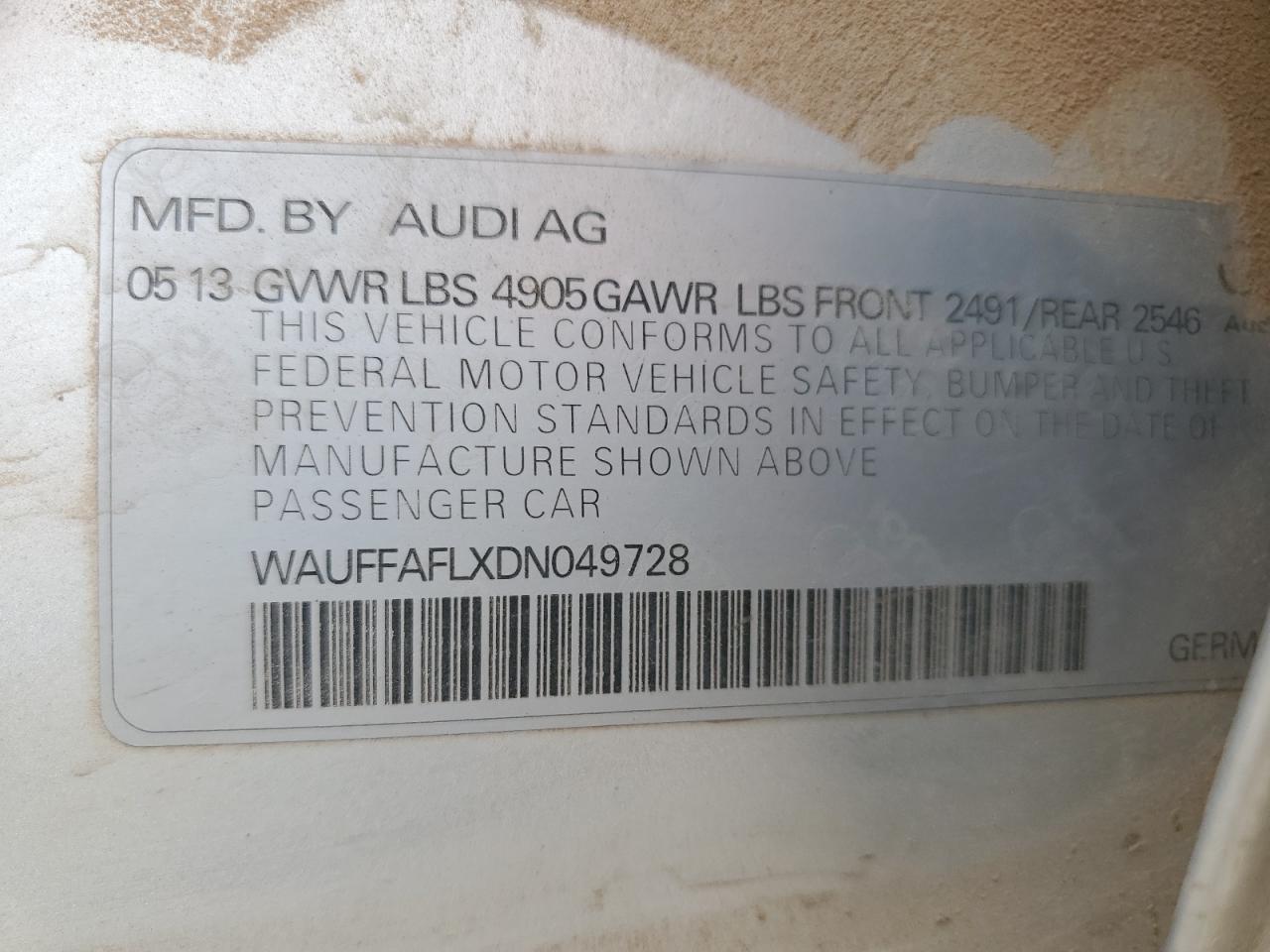 2013 Audi A4 Premium Plus VIN: WAUFFAFLXDN049728 Lot: 68483405