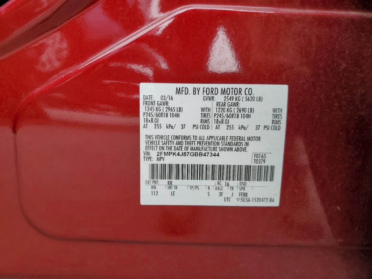 2016 Ford Edge Sel VIN: 2FMPK4J87GBB47344 Lot: 67177005