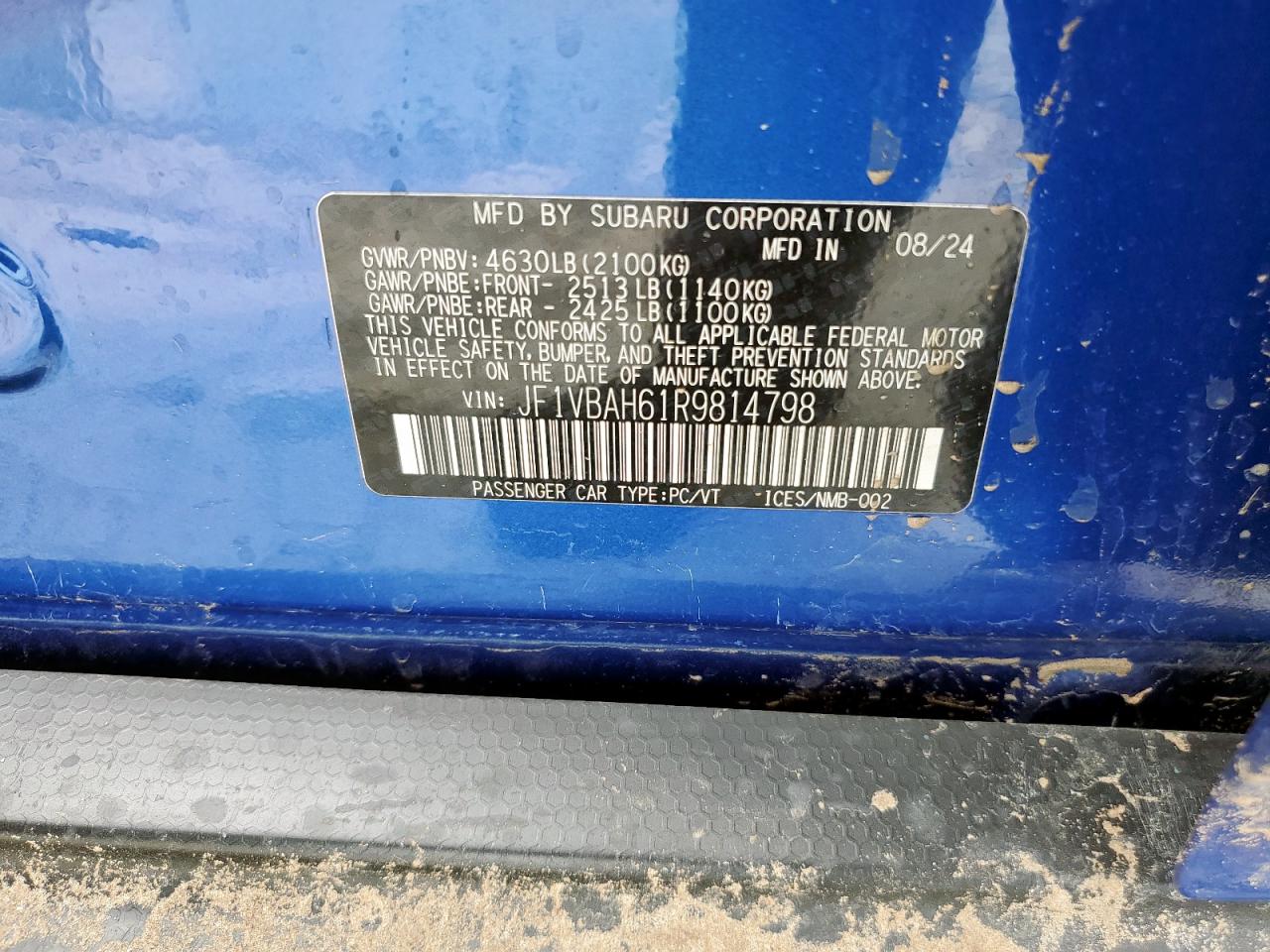 2024 Subaru Wrx Premium VIN: JF1VBAH61R9814798 Lot: 70496775