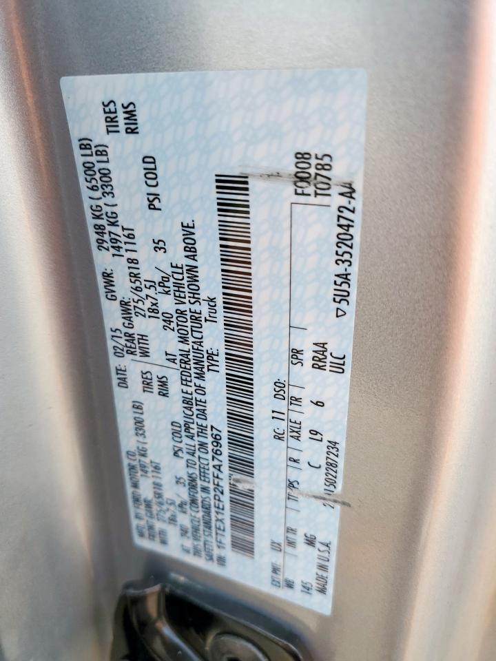 2015 Ford F150 Super Cab VIN: 1FTEX1EP2FFA76967 Lot: 67310995