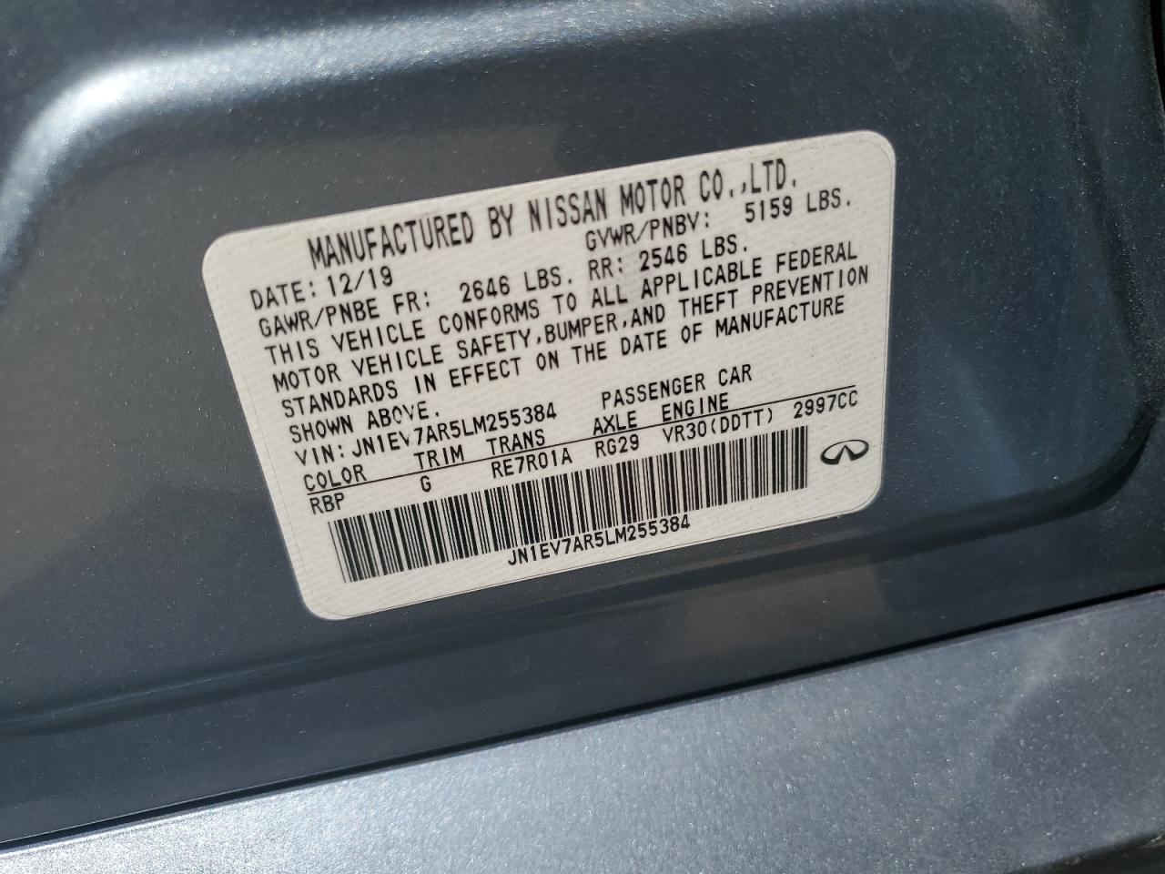 2020 Infiniti Q50 Pure VIN: JN1EV7AR5LM255384 Lot: 70986655