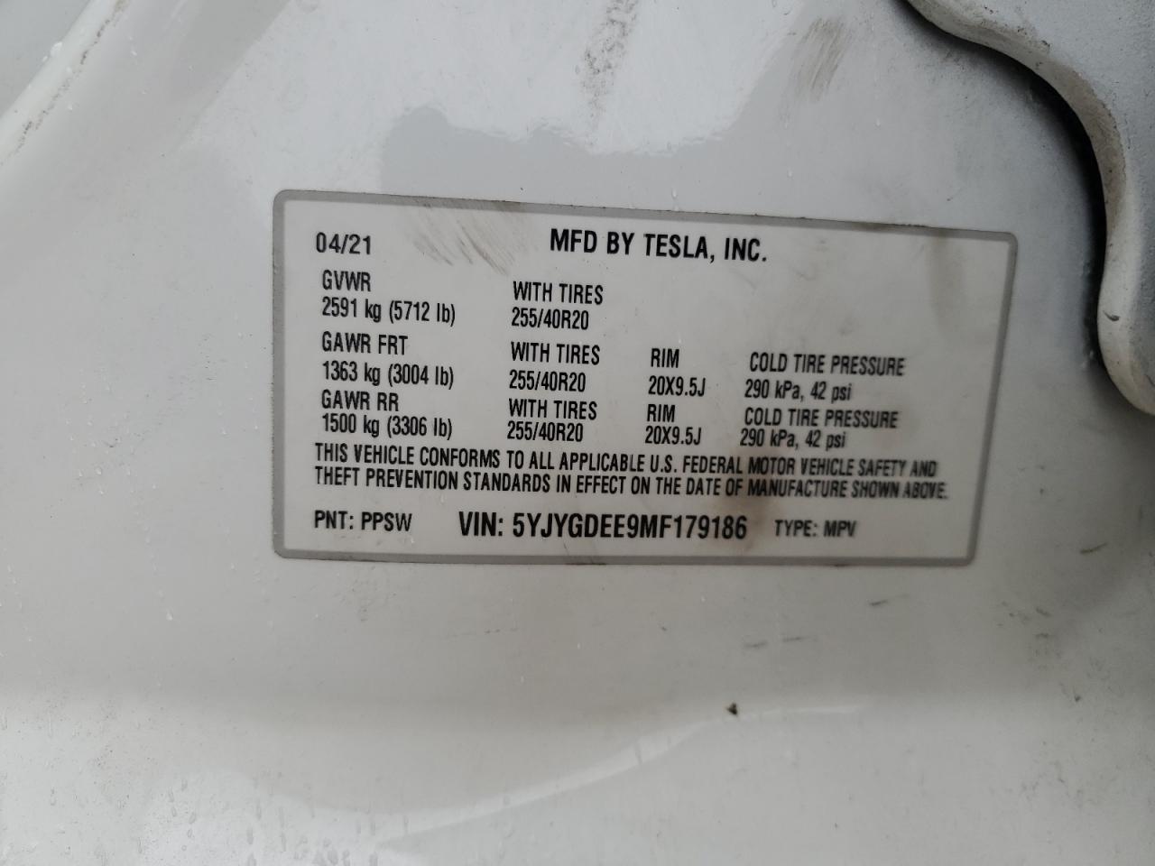 2021 Tesla Model Y VIN: 5YJYGDEE9MF179186 Lot: 70700815