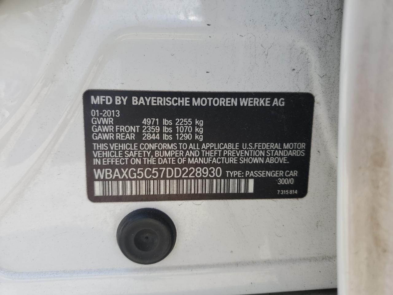 2013 BMW 528 I VIN: WBAXG5C57DD228930 Lot: 70198545