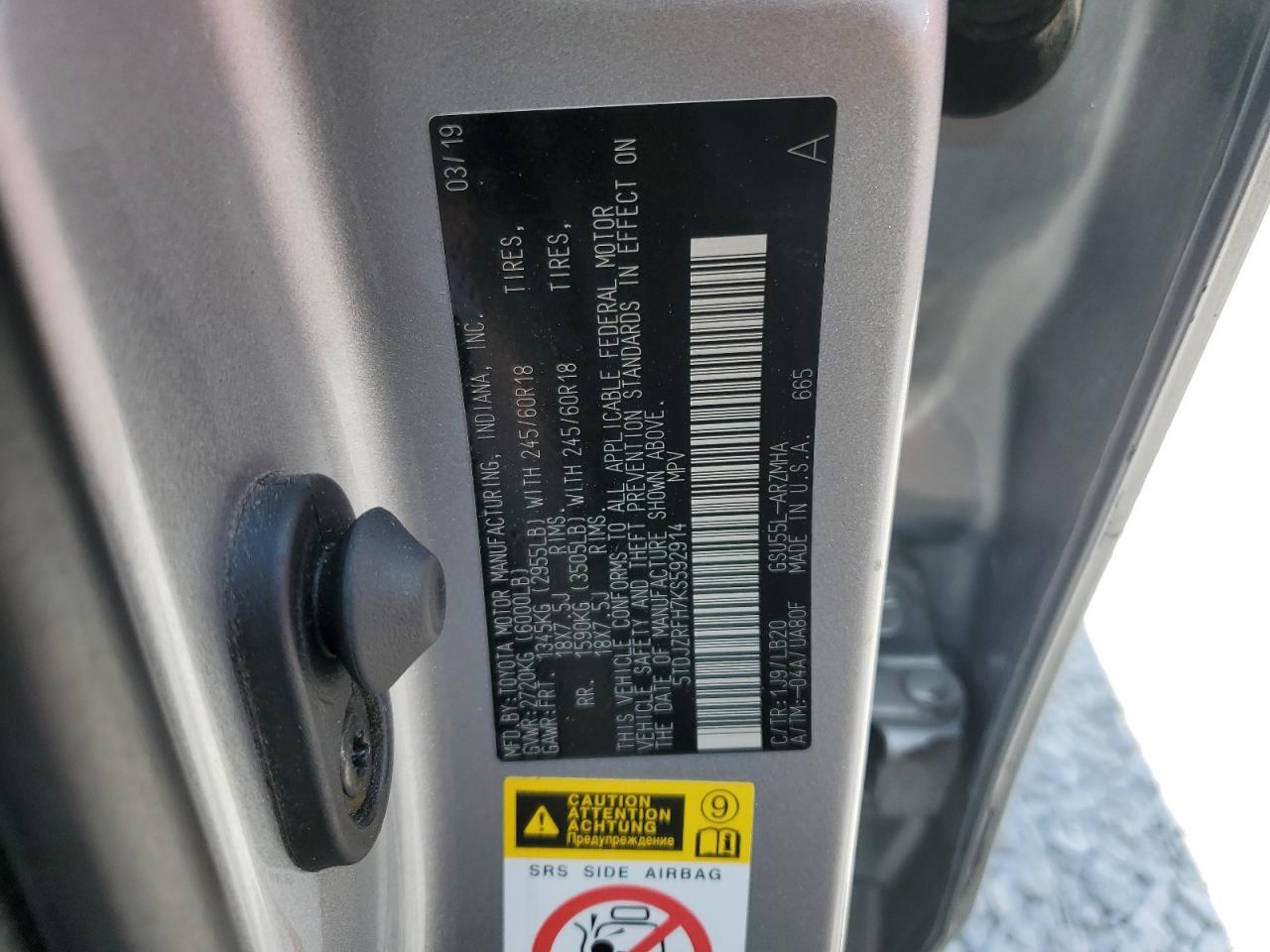 2019 Toyota Highlander Se VIN: 5TDJZRFH7KS592914 Lot: 68459735