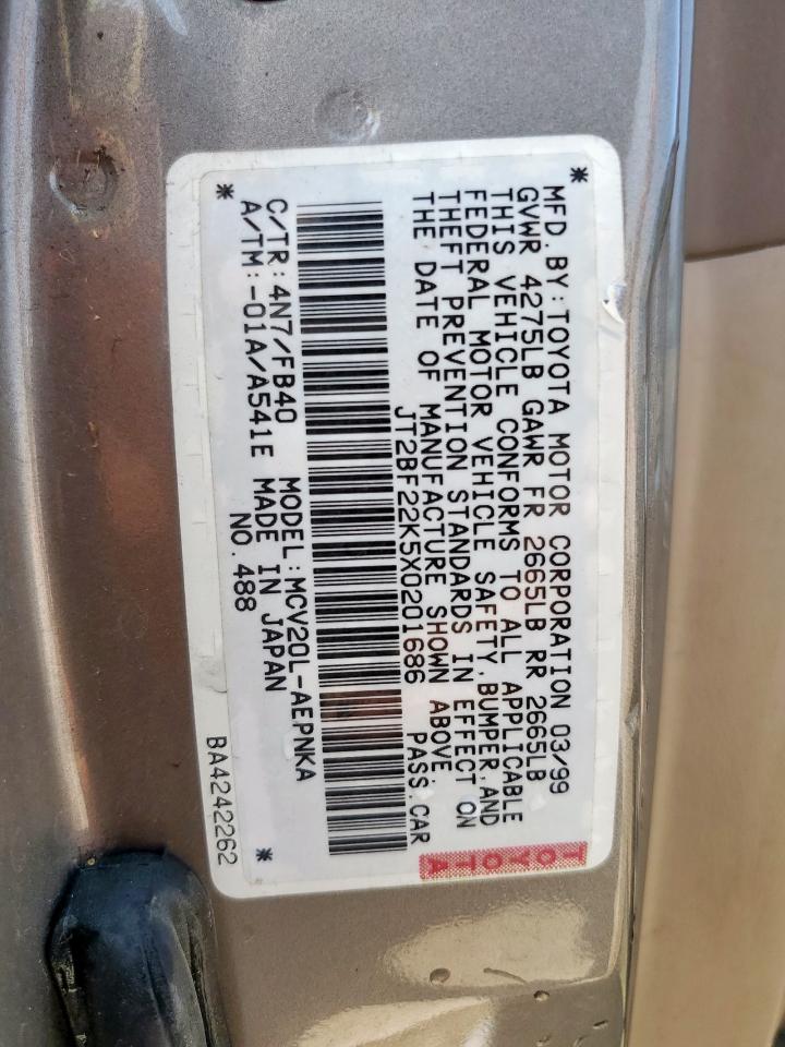 1999 Toyota Camry Le VIN: JT2BF22K5X0201686 Lot: 70051655