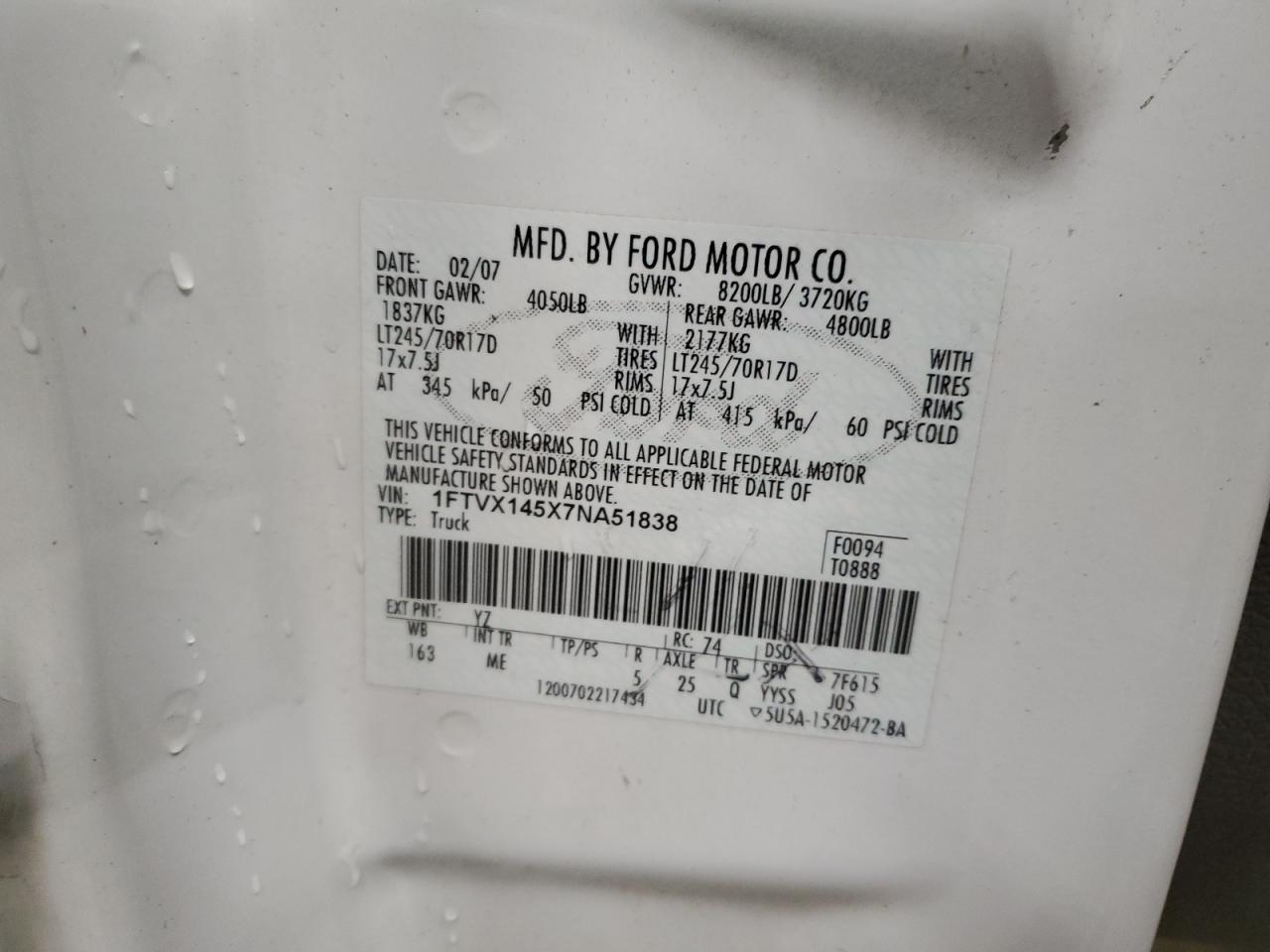 2007 Ford F150 VIN: 1FTVX145X7NA51838 Lot: 70545125