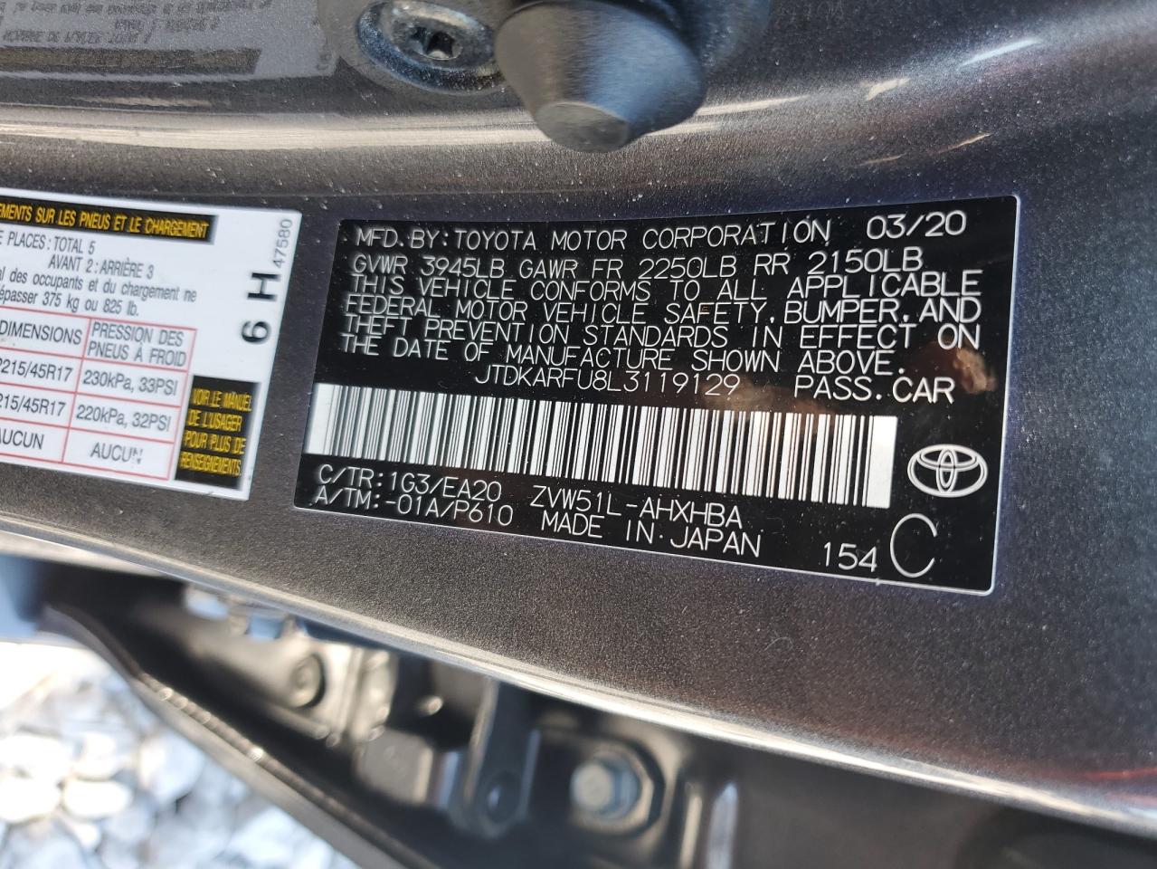 2020 Toyota Prius L VIN: JTDKARFU8L3119129 Lot: 70903555