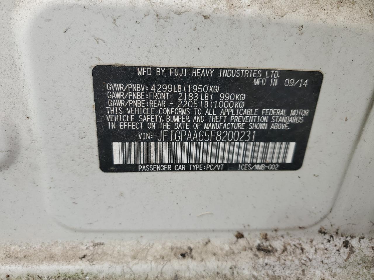 2012 Subaru Impreza VIN: JF1GPAA65F8200231 Lot: 67934645